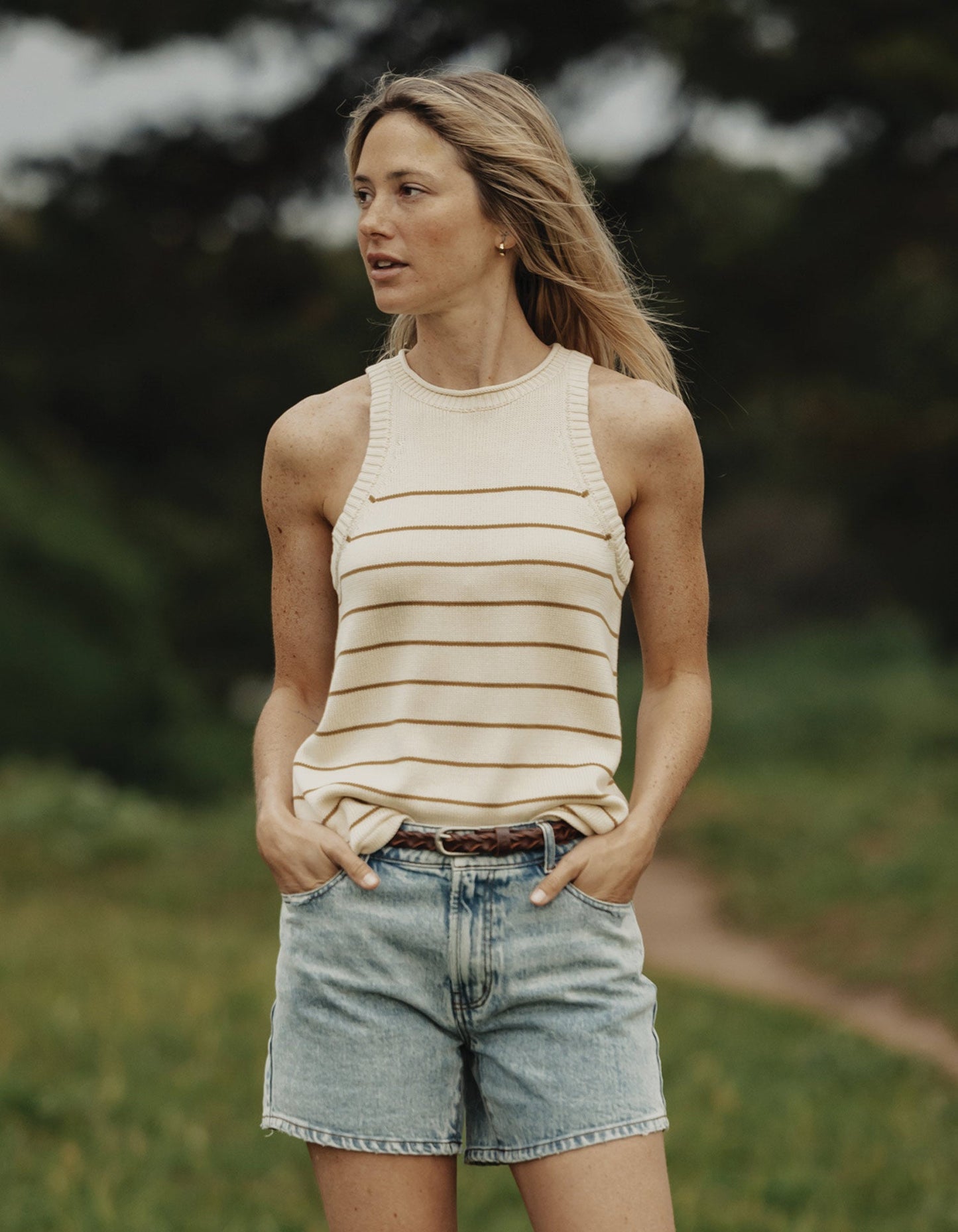 Wanderlust Hi-Neck Tank in Fennel Stripe