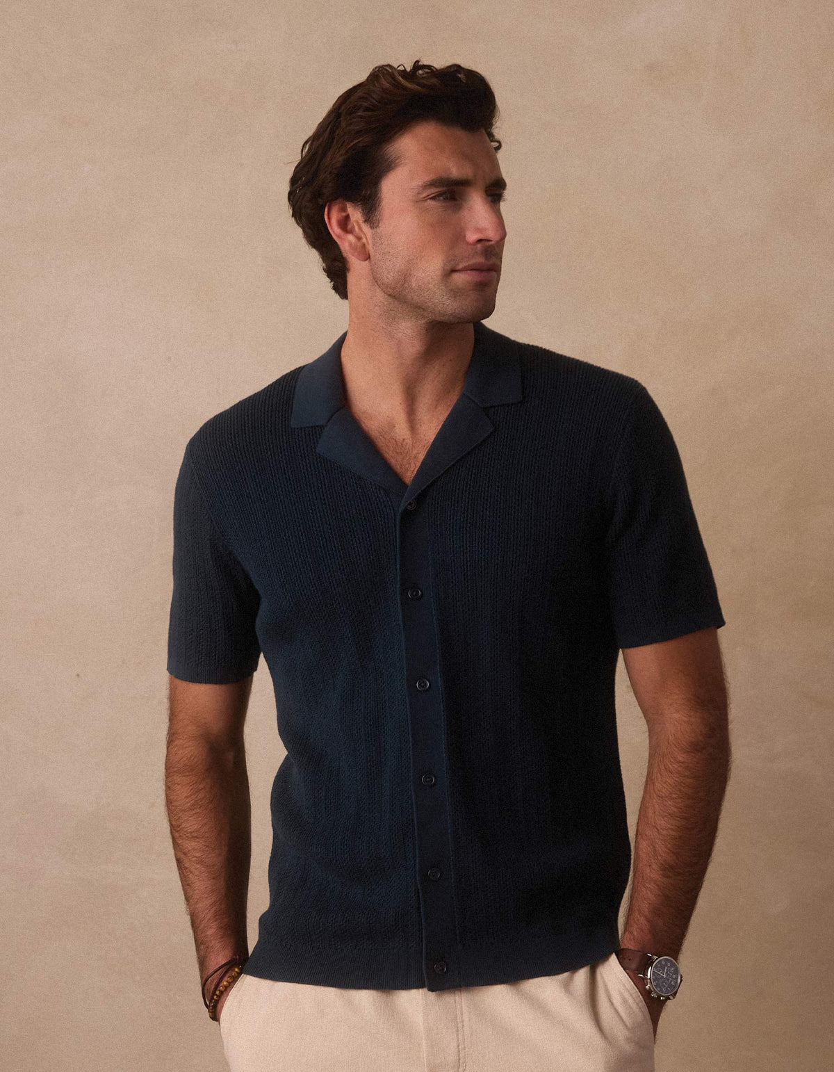 Robles Textured Knit Camp Button Up in Dark Oasis