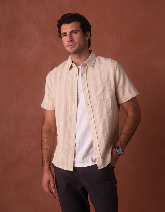 Freshwater Short Sleeve Button Up Shirt in Sandstone Stripe