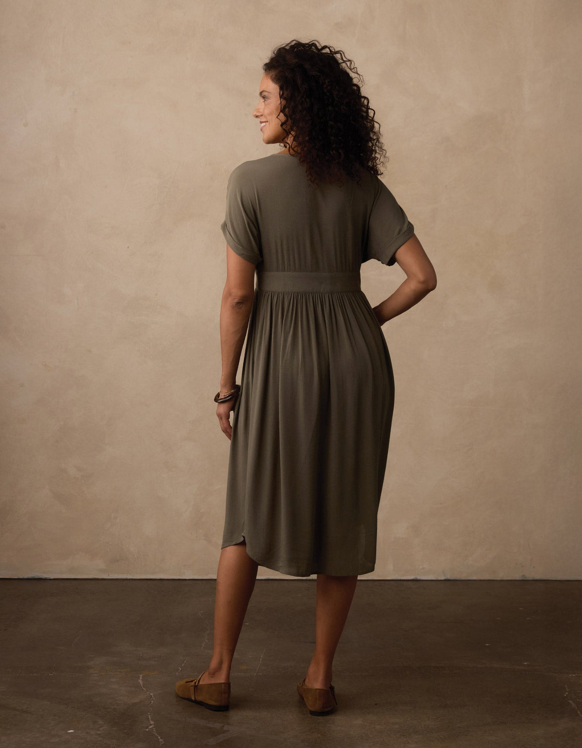 Deep V Button Thru Dress in Moss