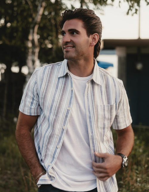 Freshwater Short Sleeve Button Up Shirt in Misty Harbor Stripe