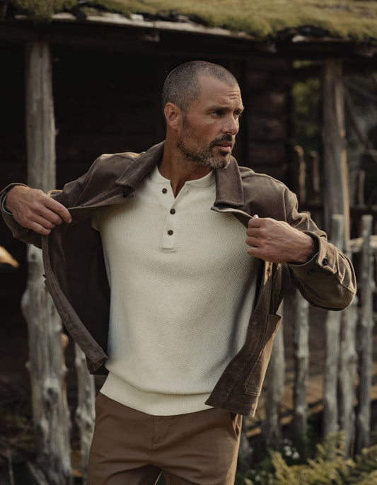 COOLMAX® Textured Sweater Henley in Ivory
