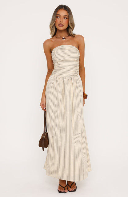 Blush Of Fate Strapless Maxi Dress Cream/Chocolate Stripe