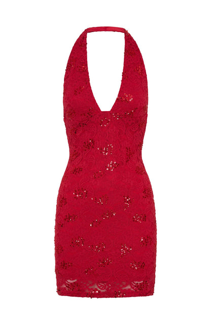 Disco Damage Lace Mini Dress Red
